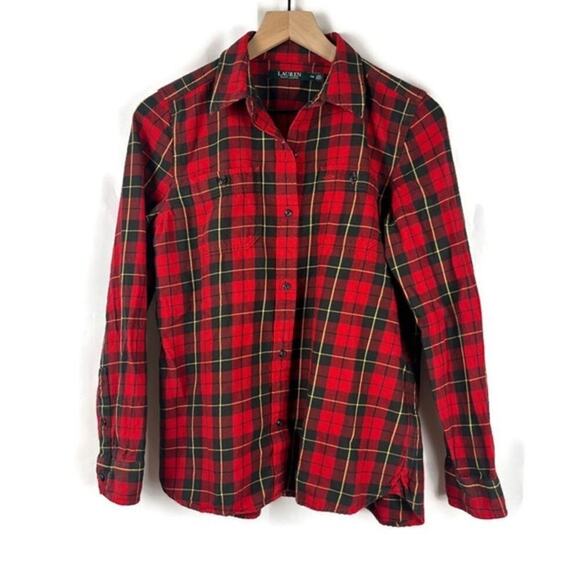LAUREN RALPH LAUREN Red Tartan Plaid Long Sleeve Flannel Shirt Size Petite Med - Picture 1 of 9